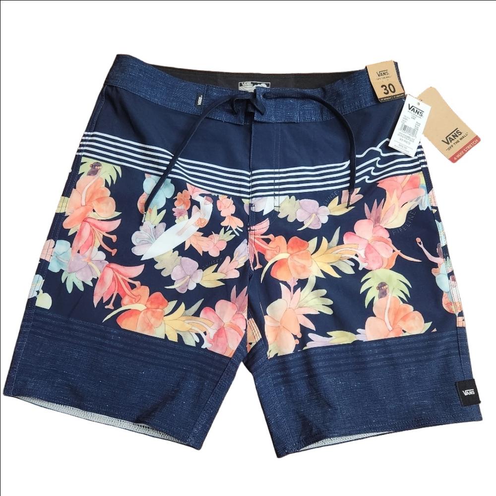 Vans Off The Wall swim Board Shorts Blue hawaiian Size 30 Mens NWT 8 inch inseam